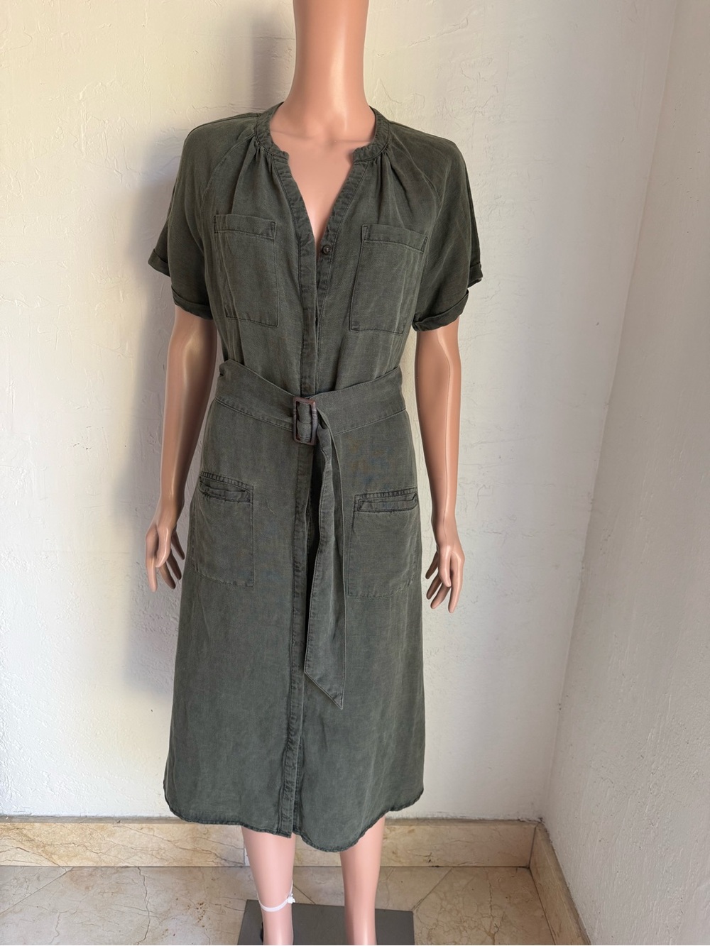 Lucky Brand Linen Blend Olive Green Utility Belted Midi Dress Women’s Size S